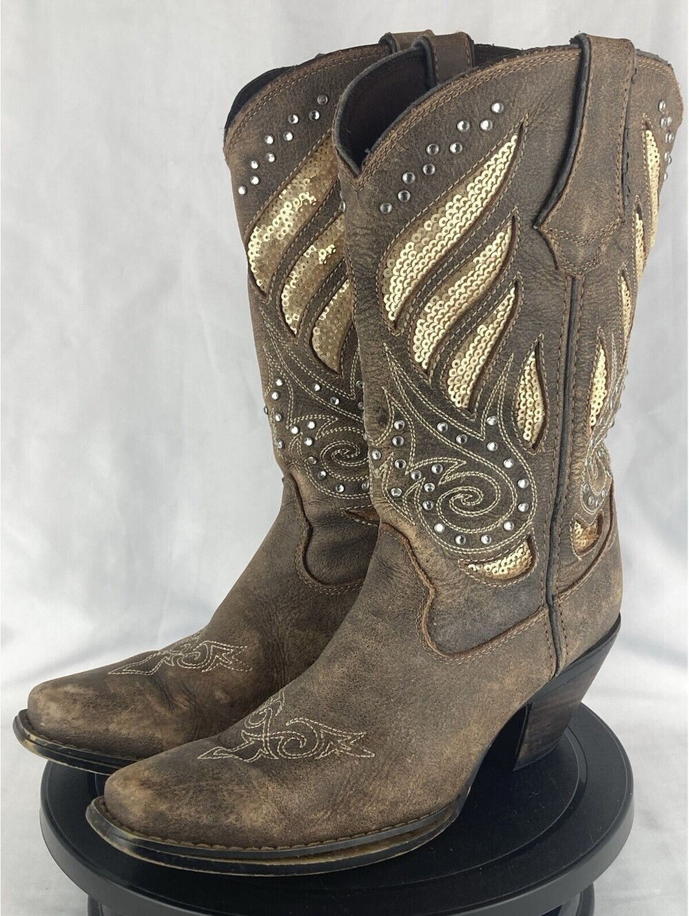 Women’s 8 Durango Brown Leather Sequins Rhinestone Sparkle Western Cowboy Boots